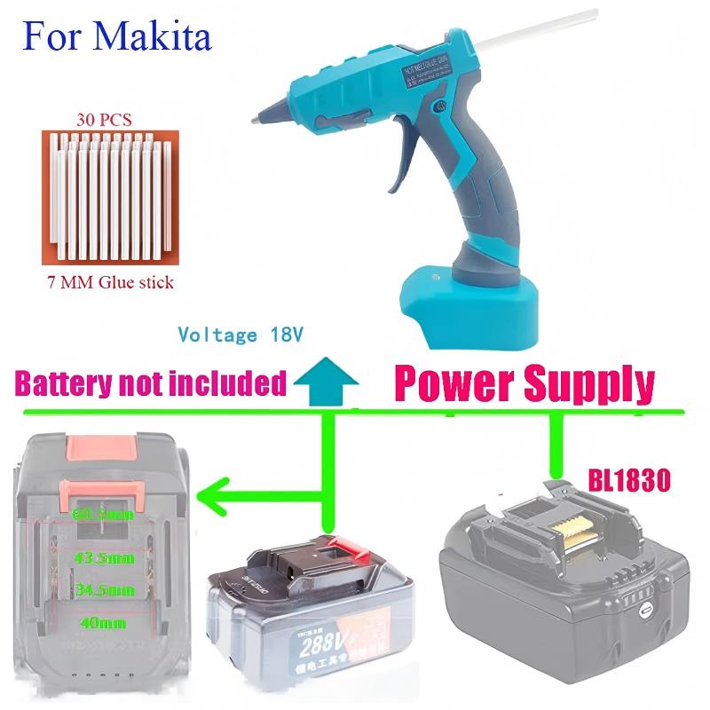Hot Melt Glue Gun Cordless - Makita/DEWALT/BlackDecker/Milwaukee/Bosch용 무선 핫멜트 글루건(30개 스틱 포함)